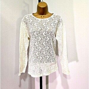 Cream Sheer Stretch Lace Knit Top OS Layering Long Sleeve Boho Romantic Coquette